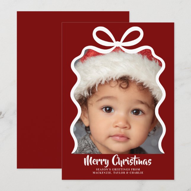 Merry Christmas Photo and Ribbon Personalized Julkort (Fram/baksida)