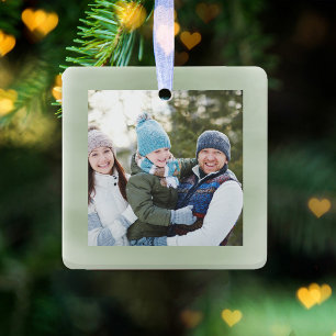 Merry Christmas Photo Green Script Simple Julgransprydnad Keramik