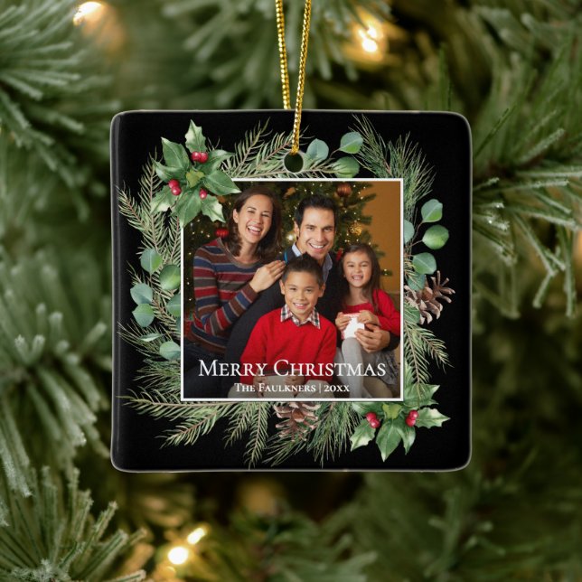Merry Christmas Photo Wreath Botanical Julgransprydnad Keramik (Träd)
