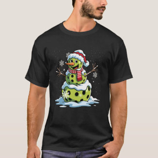 Merry Christmas Pickleball Snowman Santa Hat Xmas  T Shirt
