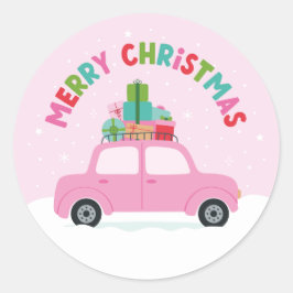 Merry Christmas Pink Car with Gifts in Pastel Pink Runt Klistermärke