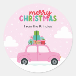 Merry Christmas Pink Car with Gifts in Pastel Pink Runt Klistermärke