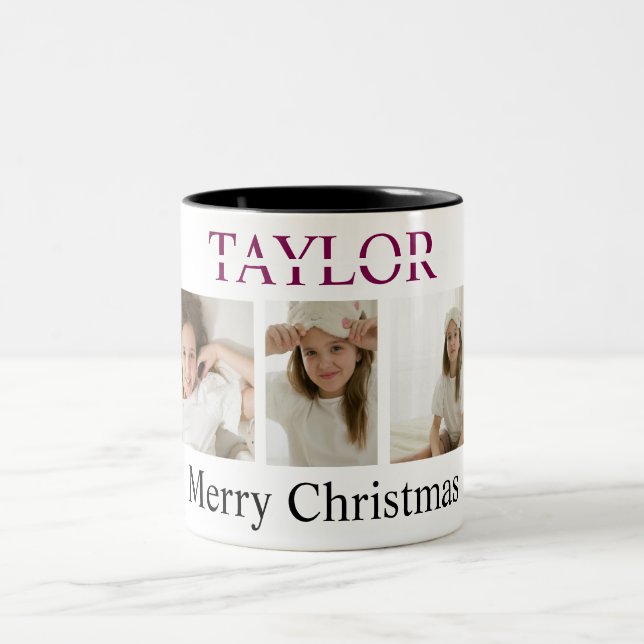 Merry Christmas Pink Mug – Own Photo And Name Två-Tonad Mugg (Center)