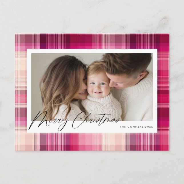 Merry Christmas pink plaid Helg Vykort (Framsida)