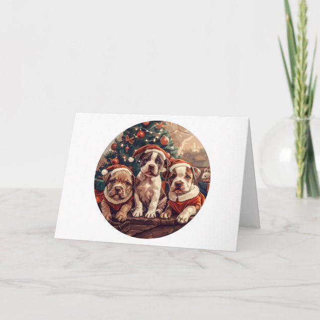 Merry Christmas Pit Bull Puppy Dogs Helgkort (Framsida)