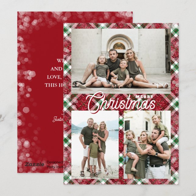 Merry Christmas Plaid 3 Photo Collage Julkort (Fram/baksida)