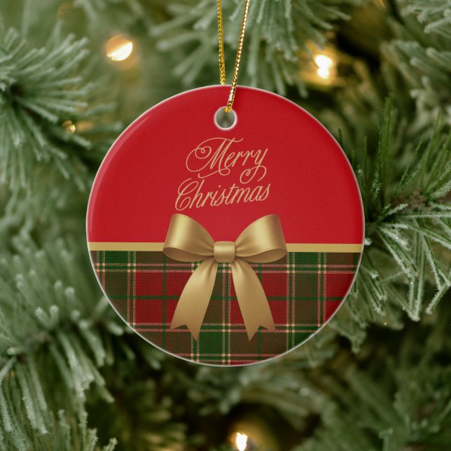 Merry Christmas Plaid Ornament with Gold Bow (Träd)