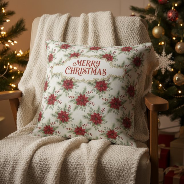 Merry Christmas Poinsettia Floral Holiday Pattern Kudde (Merry Christmas Poinsettia Floral Holiday Pattern Throw Pillow)