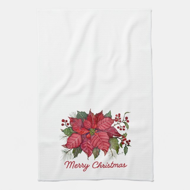 Merry Christmas Poinsettia Kitchen Towel Kökshandduk (Vertikal)
