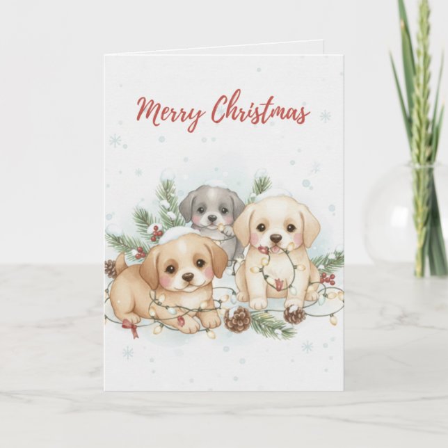 Merry Christmas Puppies Card Cute Dog Lover card Kort (Framsida)
