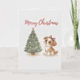 Merry Christmas Puppy Card Cute Dog with Tree Kort