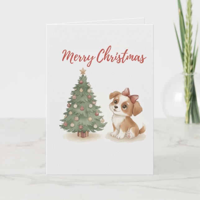 Merry Christmas Puppy Card Cute Dog with Tree Kort (Framsida)