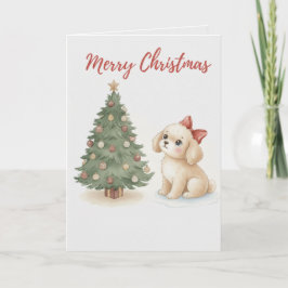 Merry Christmas Puppy Card Fluffy Dog with Tree Kort