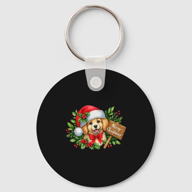 Merry Christmas Puppy Santa Hat Holly Sign Premium Nyckelring (Framsida)