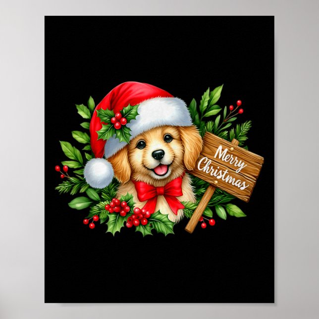 Merry Christmas Puppy Santa Hat Holly Sign Premium Poster (Framsidan)
