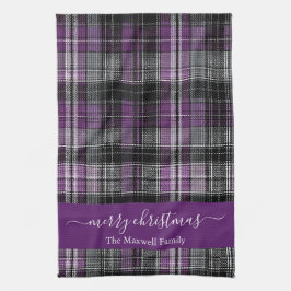 Merry Christmas purple tartan plaid script name Kökshandduk