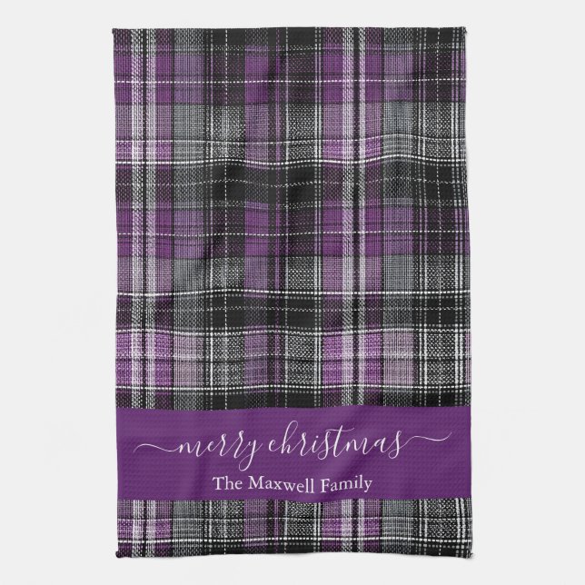 Merry Christmas purple tartan plaid script name Kökshandduk (Vertikal)