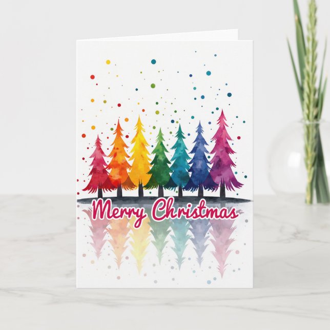 Merry Christmas Rainbow Trees Watercolor Kort (Framsida)