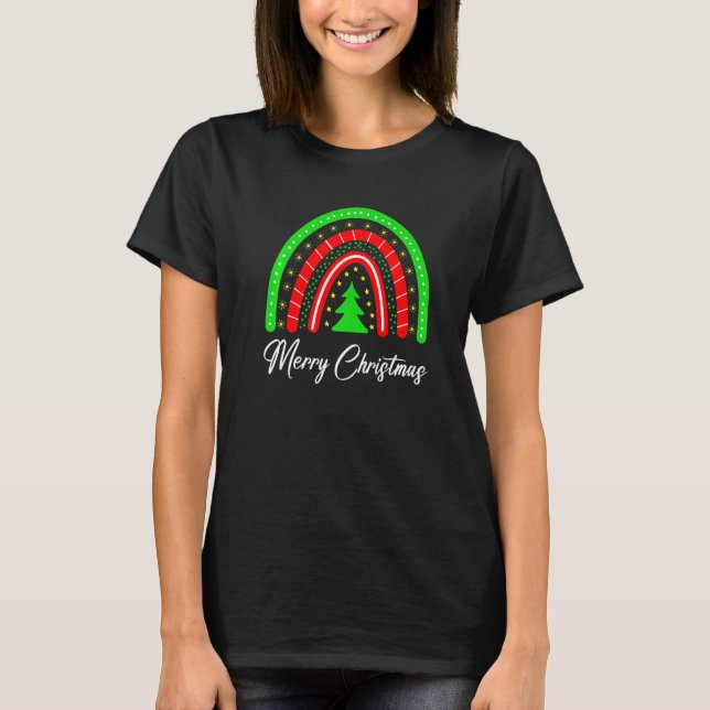 Merry Christmas Rainbow Xmas Tree Holidays Party T Shirt (Framsida)
