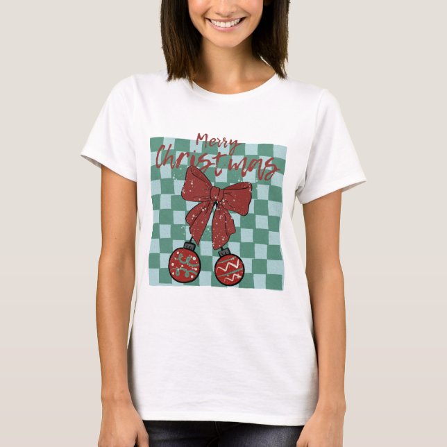 Merry Christmas Red Bow Ornaments Design T Shirt (Framsida)