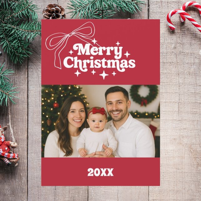 Merry Christmas red bow retro photo card Julkort (Skapare uppladdad)
