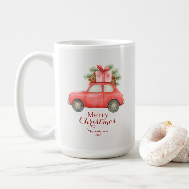 Merry Christmas Red Car – Personalized Holiday  Kaffemugg (Med munk)