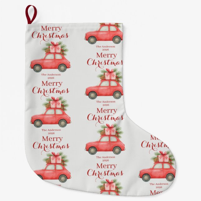 Merry Christmas Red Car – Personalized Holiday Stor Julstrumpa (Framsidan)
