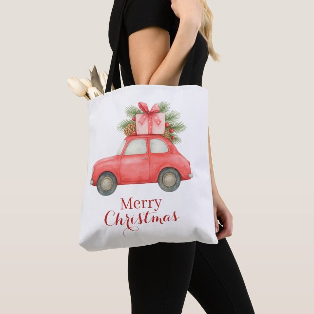Merry Christmas Red Car – Personalized Holiday  Tygkasse (Närbild)