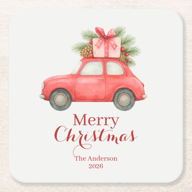 Merry Christmas Red Car – Personalized Holiday  Underlägg Papper Kvadrat (Framsidan)
