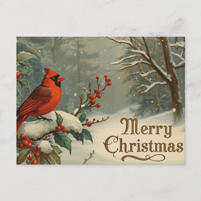 Merry Christmas Red Cardinal and Winter Berries  Helg Vykort (Framsida)