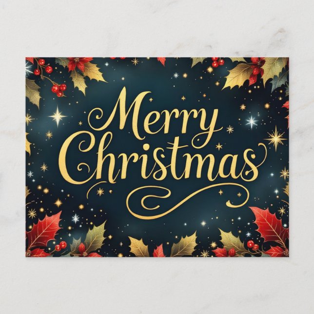 Merry Christmas Red/Gold Berries Vykort (Framsida)
