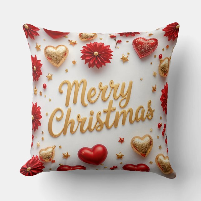 Merry Christmas Red & Gold Holiday Pillow  Kudde (Framsida)