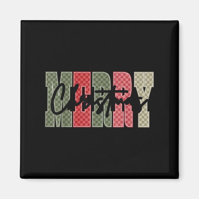 Merry Christmas Red Green Plaid Checkered Xmas Gir Magnet (Framsidan)
