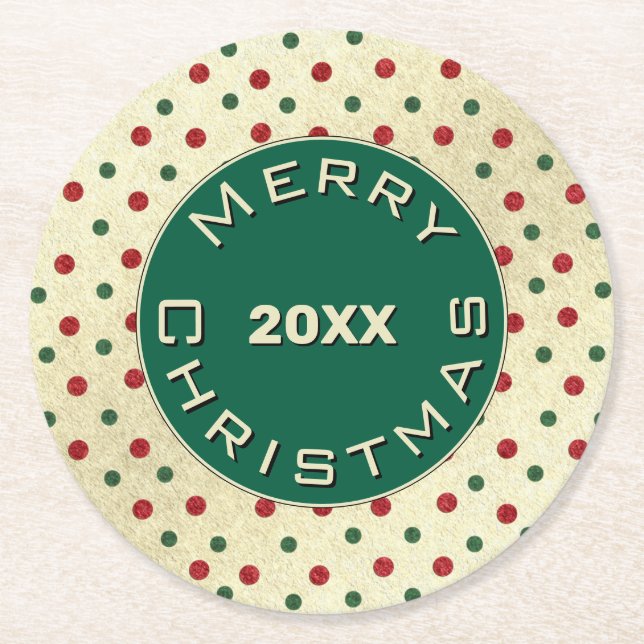 Merry Christmas Red Green Retro Dots Pattern Underlägg Papper Rund (Framsidan)