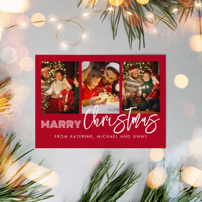 Merry Christmas Red Photo Collage Family Card Julkort (Skapare uppladdad)