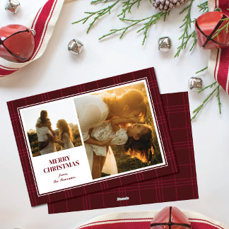 Merry Christmas Red Stripe Plaid Two Photo Frame Julkort