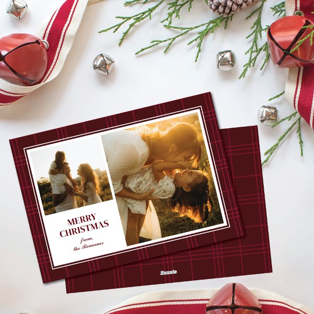 Merry Christmas Red Stripe Plaid Two Photo Frame Julkort (Skapare uppladdad)