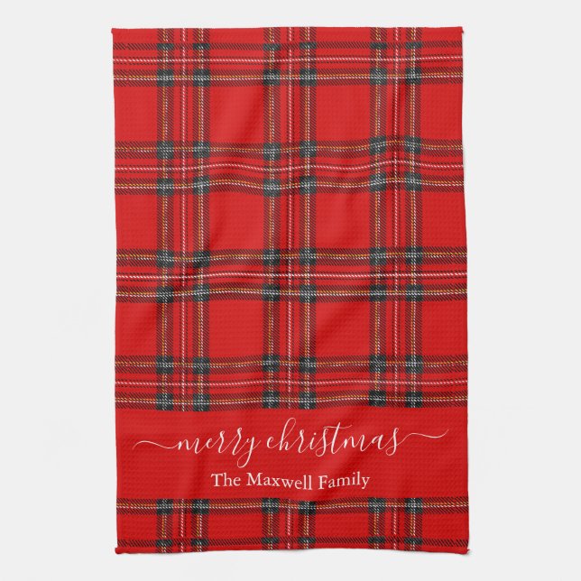 Merry Christmas red tartan plaid script name Kökshandduk (Vertikal)