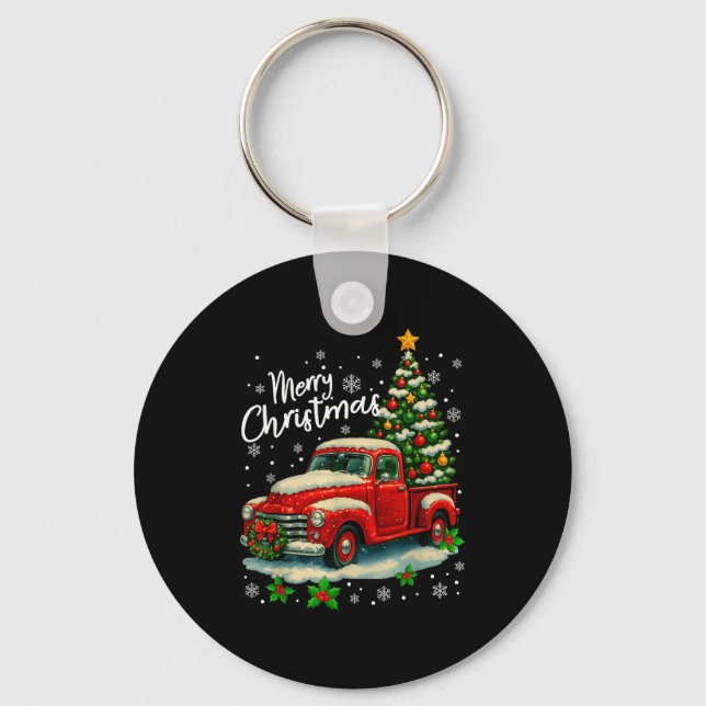 Merry Christmas Red Truck Funny Xmas Tree Family M Nyckelring (Framsida)