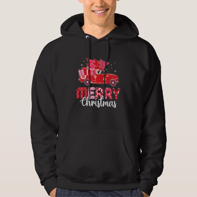 Merry Christmas Red Truck With Tree Xmas PJ costum Hoodie (Framsida)