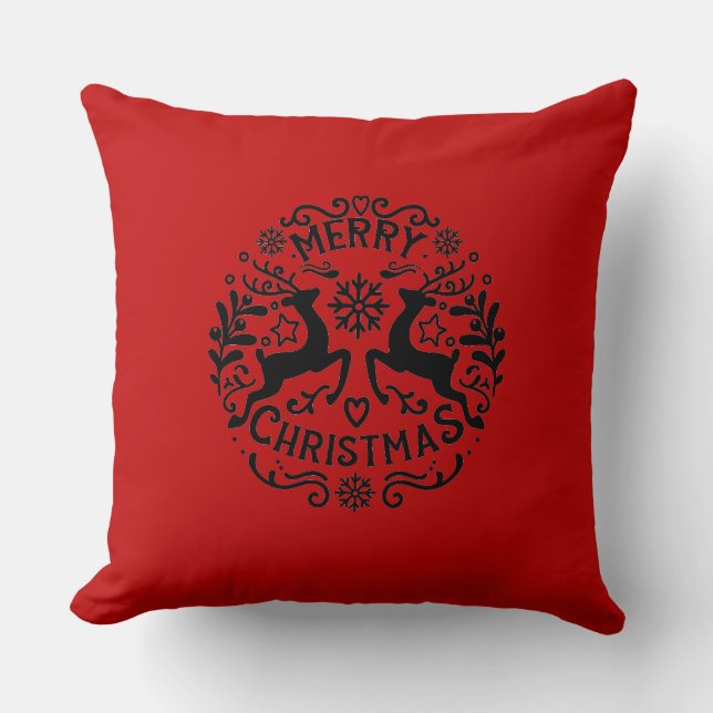 Merry Christmas Reindeer, Red Black Kudde (Framsida)