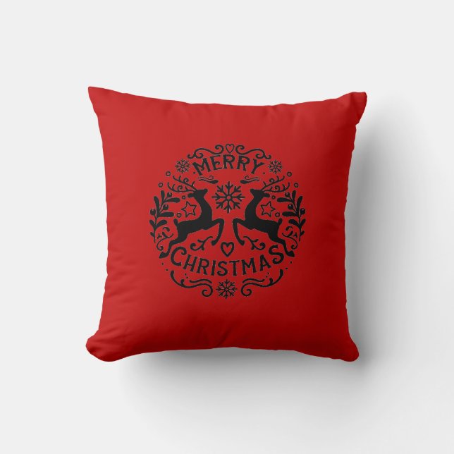 Merry Christmas Reindeer, Red Black Kudde (Framsida)