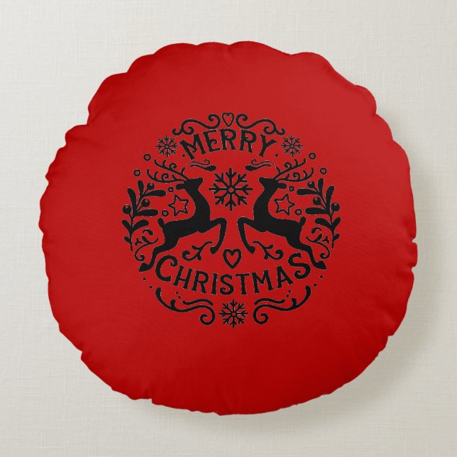 Merry Christmas Reindeer, Red Black Rund Kudde (Framsidan)