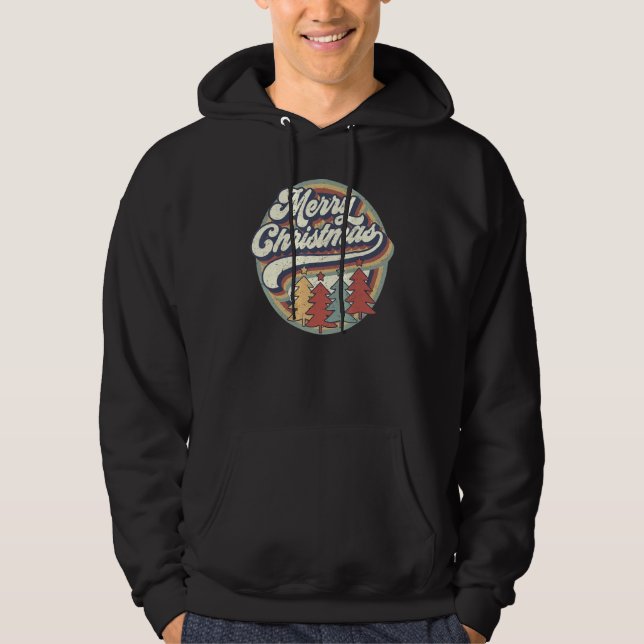 Merry Christmas Retro Christmas Tree Christmas Fam Hoodie (Framsida)