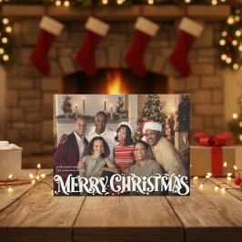 Merry Christmas Retro Script | Custom Four-Photo Julkort