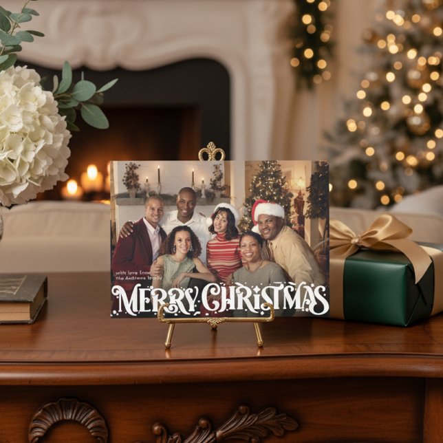 Merry Christmas Retro Script | Custom Four-Photo Julkort (Skapare uppladdad)