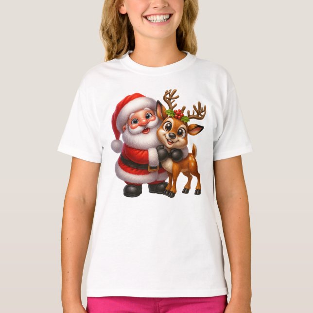Merry Christmas Santa and Deer T-shirt (Framsida)