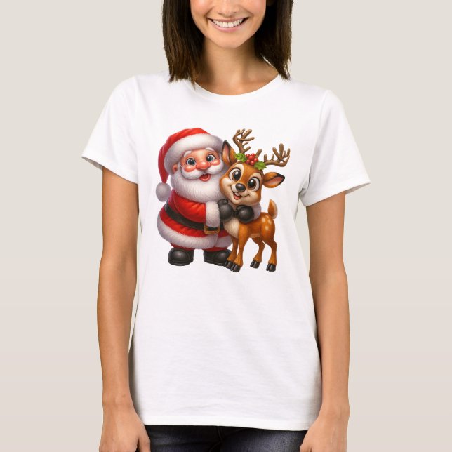 Merry Christmas Santa and Deer T-shirt (Framsida)