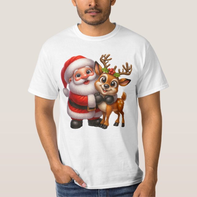 Merry Christmas Santa and Deer T-shirt (Framsida)