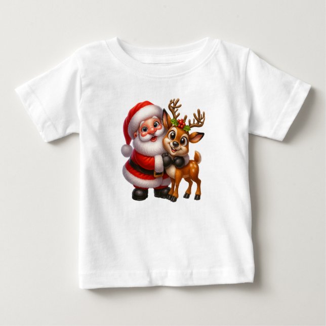 Merry Christmas Santa and Deer T-shirt (Framsida)